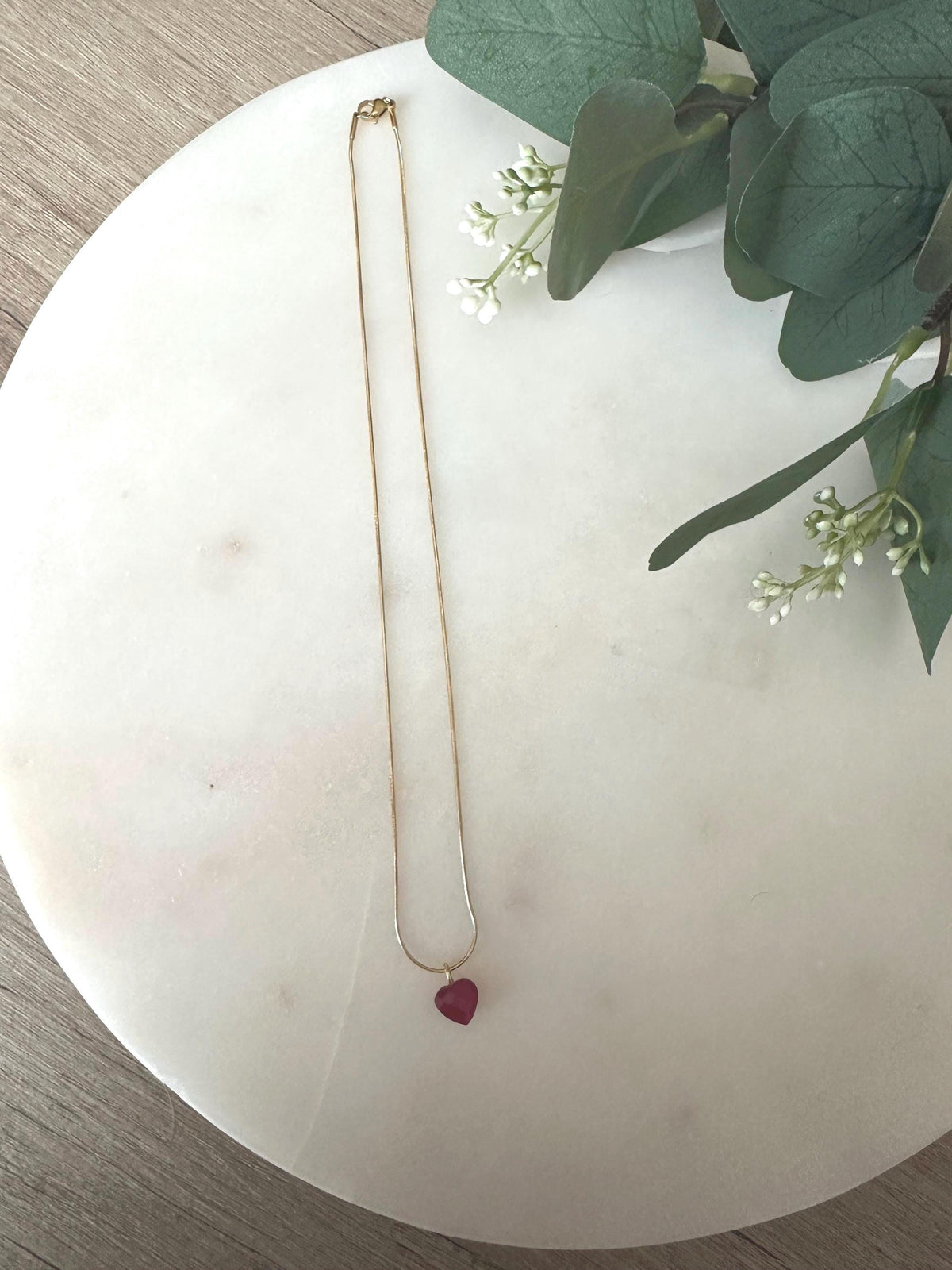 Ruby Heart Pendant Necklace | Gold Stainless Steel Snake Chain | 18” Dainty Layering Necklace | Romantic Gift for Her