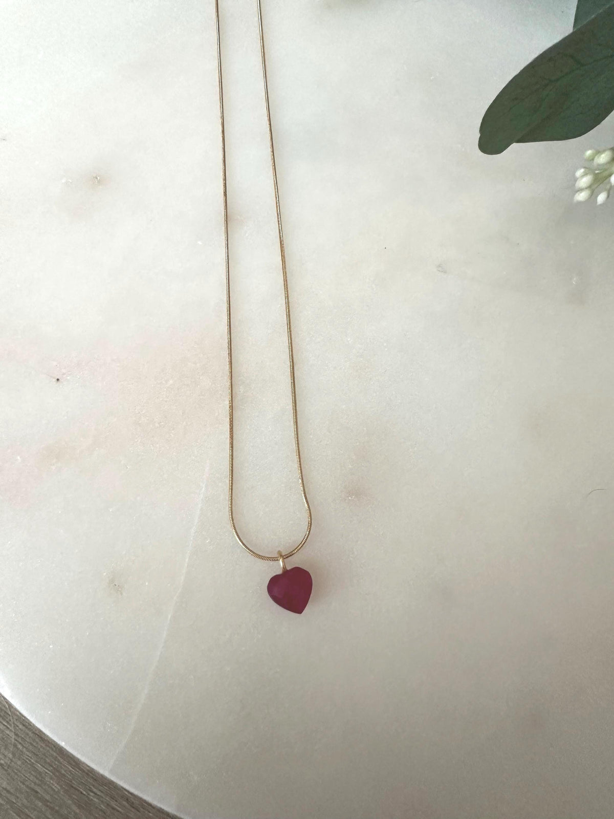 Ruby Heart Pendant Necklace | Gold Stainless Steel Snake Chain | 18” Dainty Layering Necklace | Romantic Gift for Her
