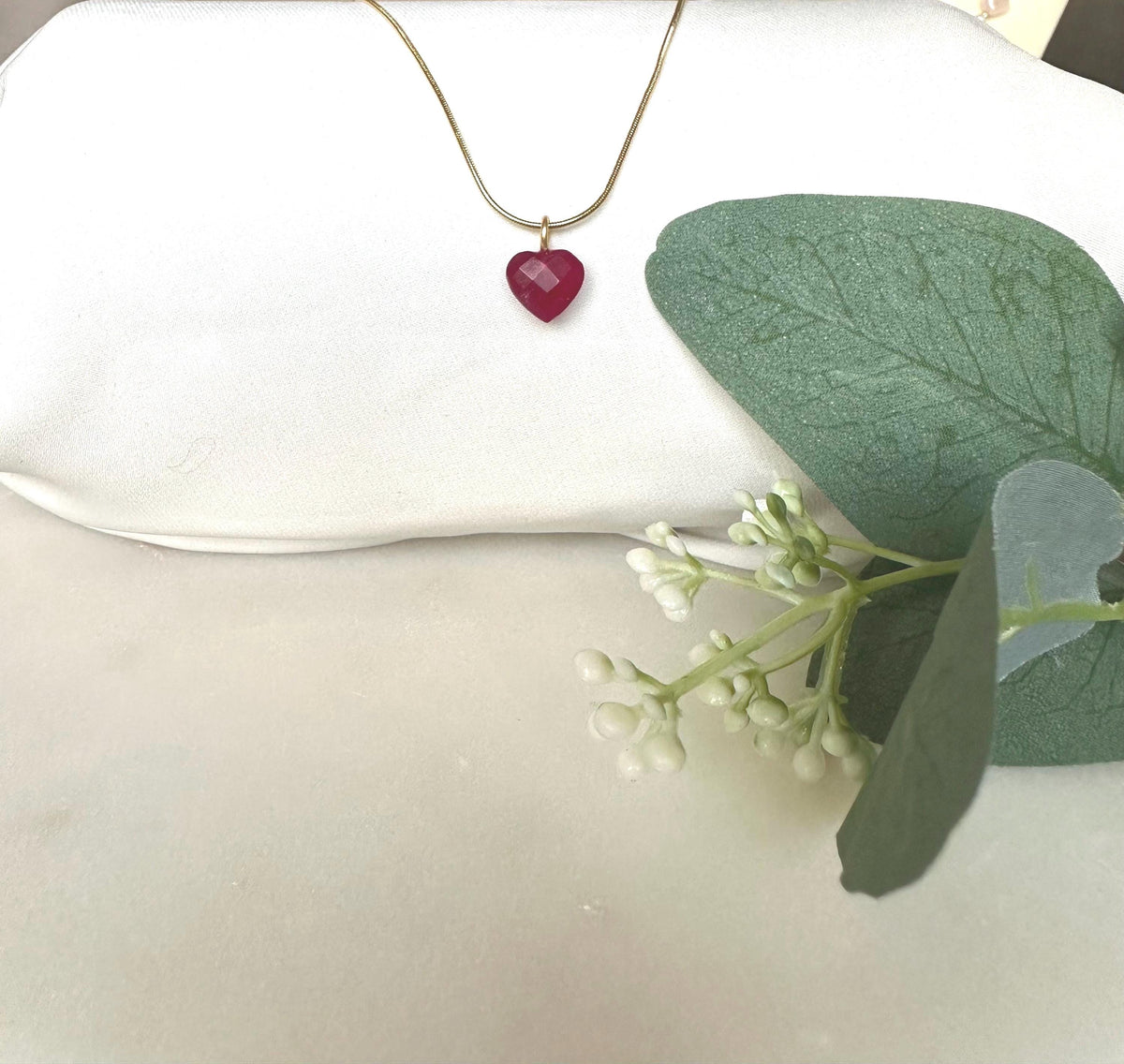 Ruby Heart Pendant Necklace | Gold Stainless Steel Snake Chain | 18” Dainty Layering Necklace | Romantic Gift for Her