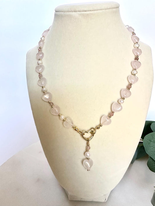 Rose Quartz Heart Necklace with Freshwater Pearls & Strawberry Quartz | Gold Heart Clasp | Romantic Handmade Jewelry | Gift for Her