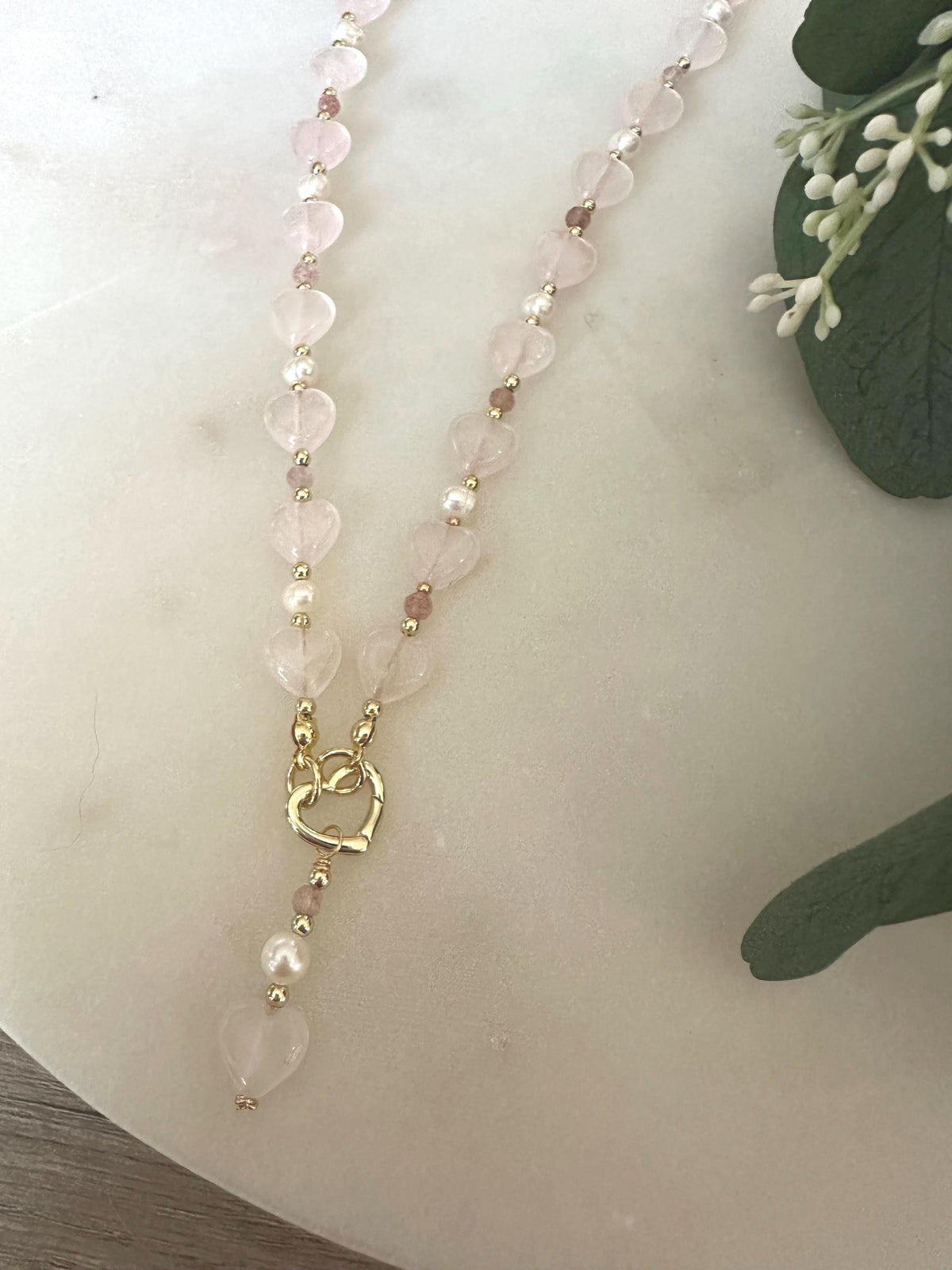 Rose Quartz Heart Necklace with Freshwater Pearls & Strawberry Quartz | Gold Heart Clasp | Romantic Handmade Jewelry | Gift for Her