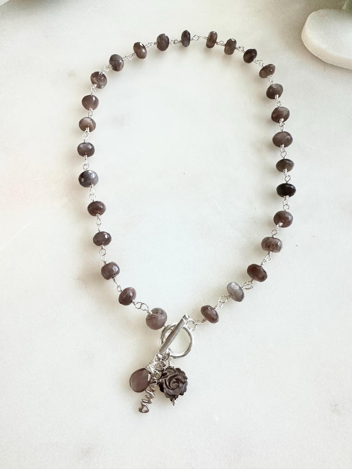 Mystic Chocolate Moonstone Necklace | Mother of Pearl Rose & “Mama” Charm | Hand-Wrapped Moonstone Briolette | Silver Toggle Necklace