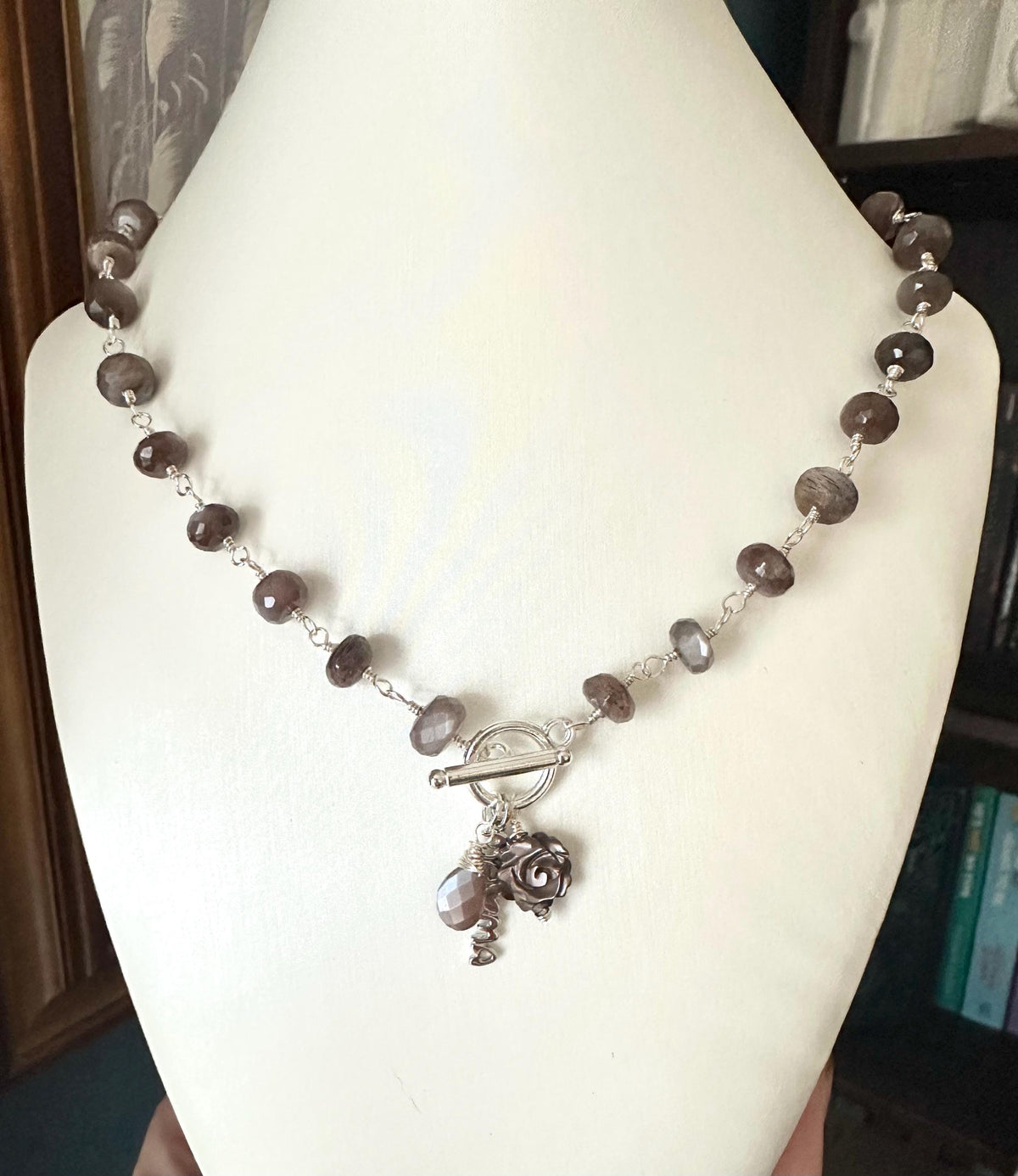 Mystic Chocolate Moonstone Necklace | Mother of Pearl Rose & “Mama” Charm | Hand-Wrapped Moonstone Briolette | Silver Toggle Necklace