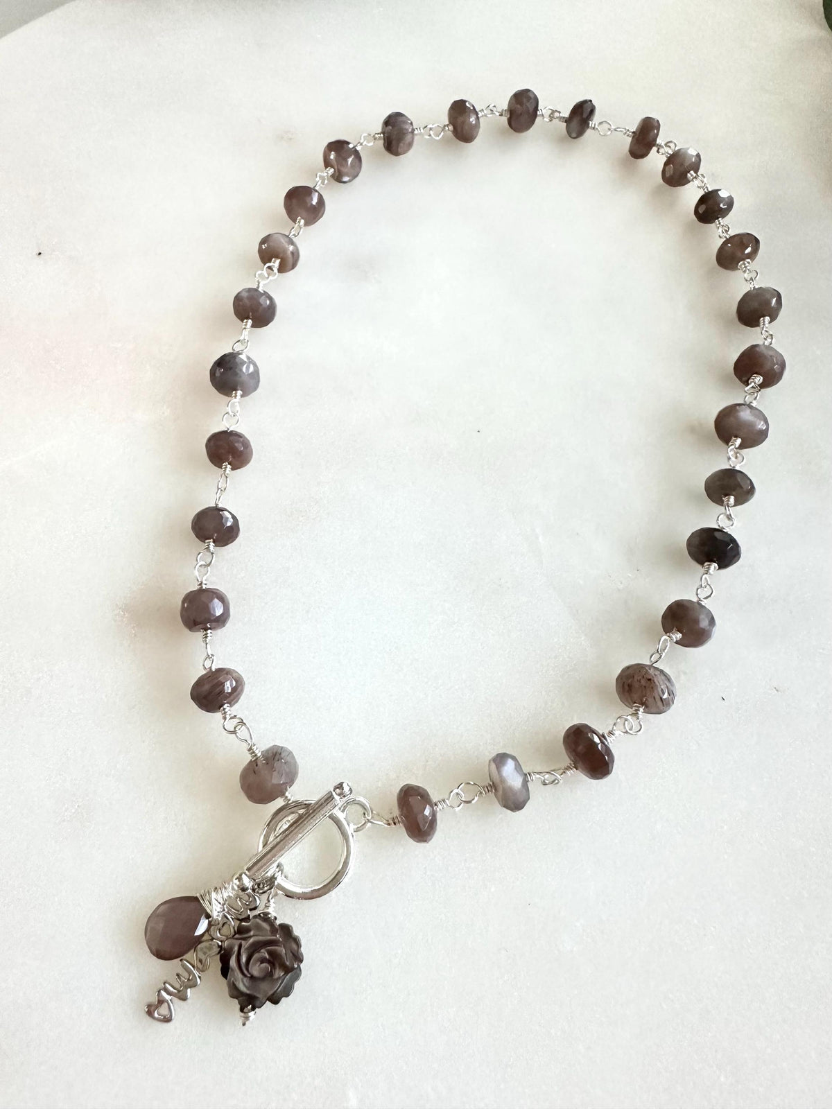 Mystic Chocolate Moonstone Necklace | Mother of Pearl Rose & “Mama” Charm | Hand-Wrapped Moonstone Briolette | Silver Toggle Necklace