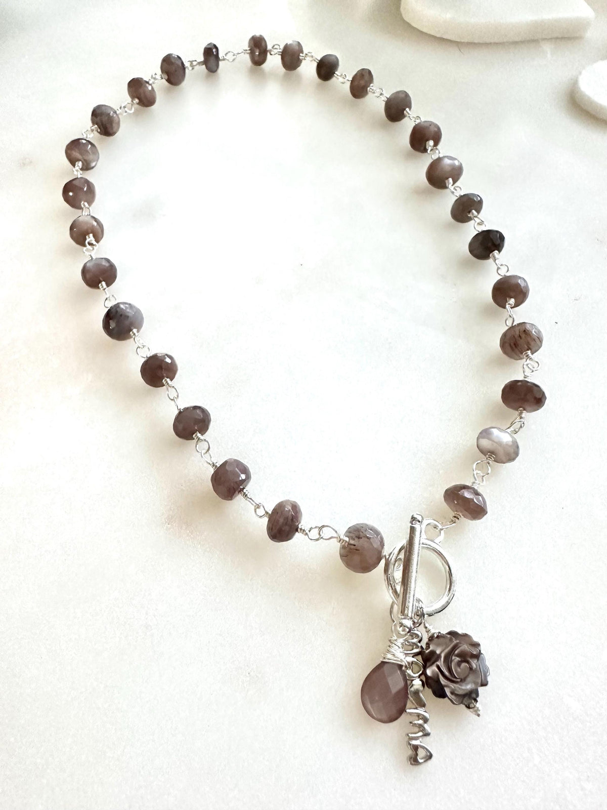 Mystic Chocolate Moonstone Necklace | Mother of Pearl Rose & “Mama” Charm | Hand-Wrapped Moonstone Briolette | Silver Toggle Necklace