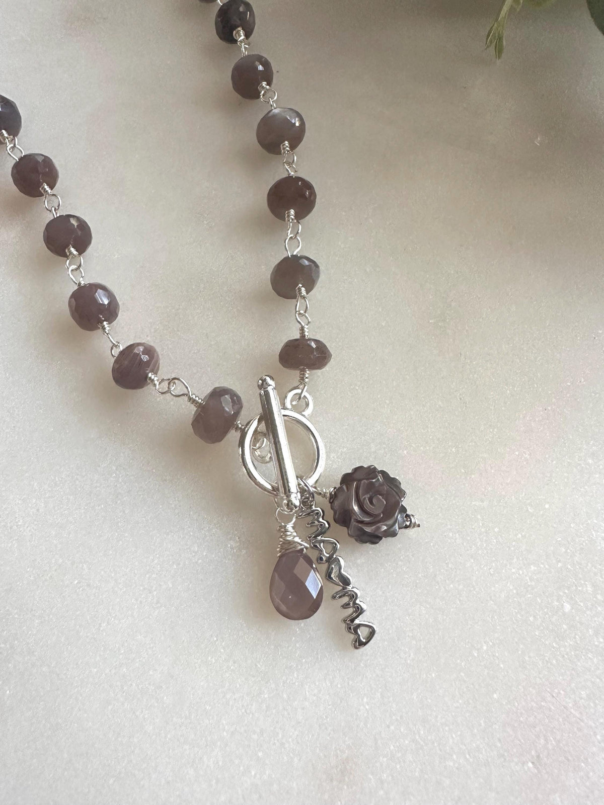 Mystic Chocolate Moonstone Necklace | Mother of Pearl Rose & “Mama” Charm | Hand-Wrapped Moonstone Briolette | Silver Toggle Necklace