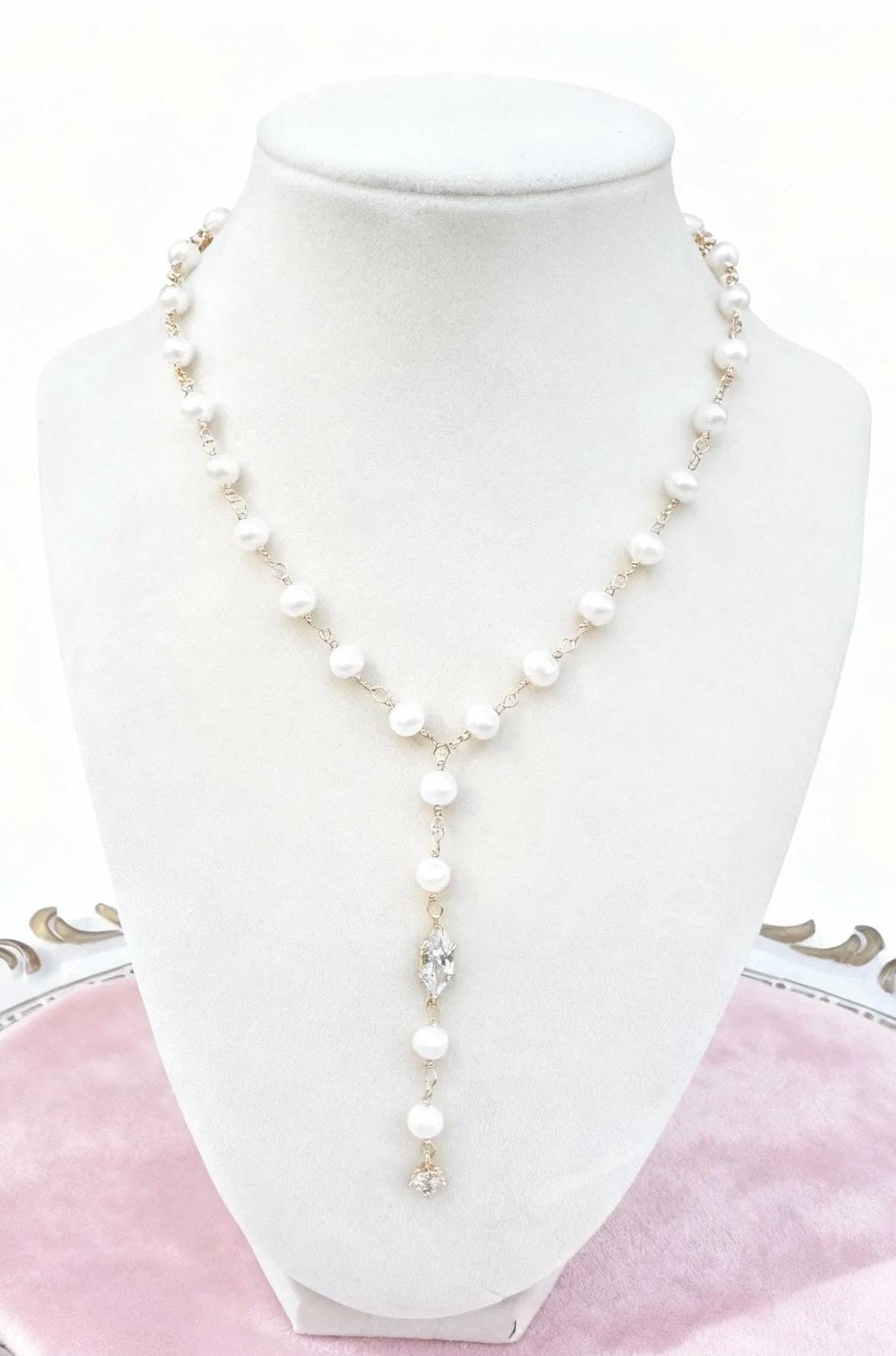 Freshwater Pearl Necklace with CZ Marquis & Drop Charm | Hand-Wrapped Gold Y Necklace | Bridal Jewelry | Elegant Gift for Her