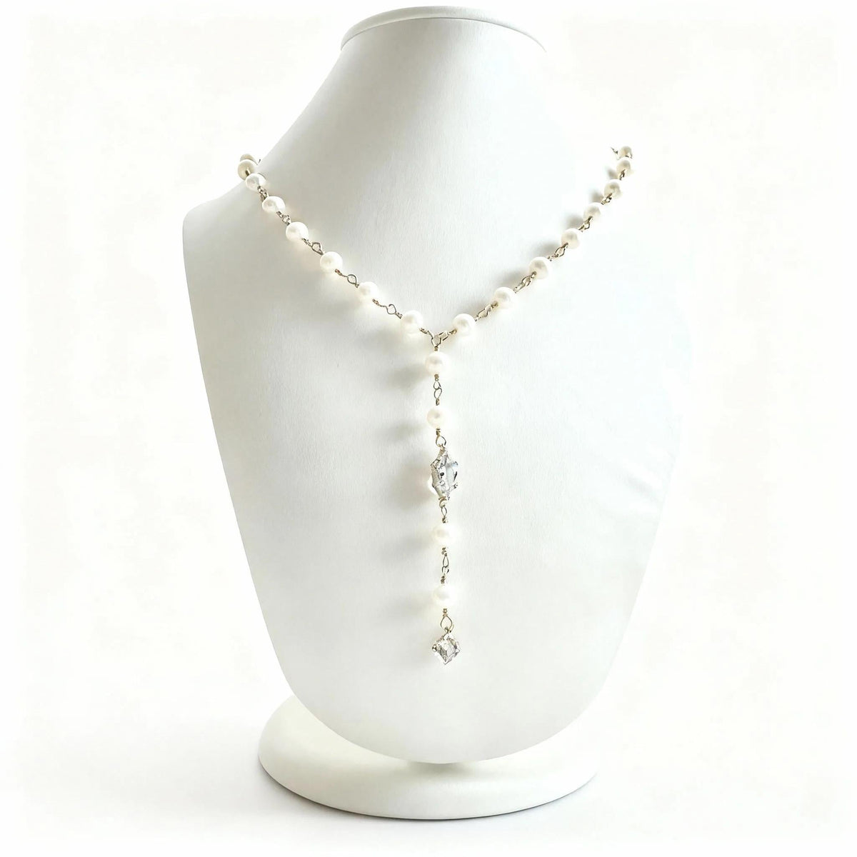 Freshwater Pearl Necklace with CZ Marquis & Drop Charm | Hand-Wrapped Gold Y Necklace | Bridal Jewelry | Elegant Gift for Her