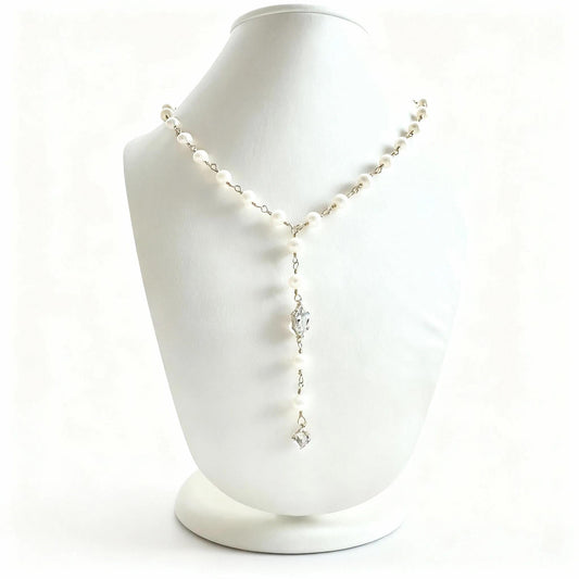 Freshwater Pearl Necklace with CZ Marquis & Drop Charm | Hand-Wrapped Gold Y Necklace | Bridal Jewelry | Elegant Gift for Her