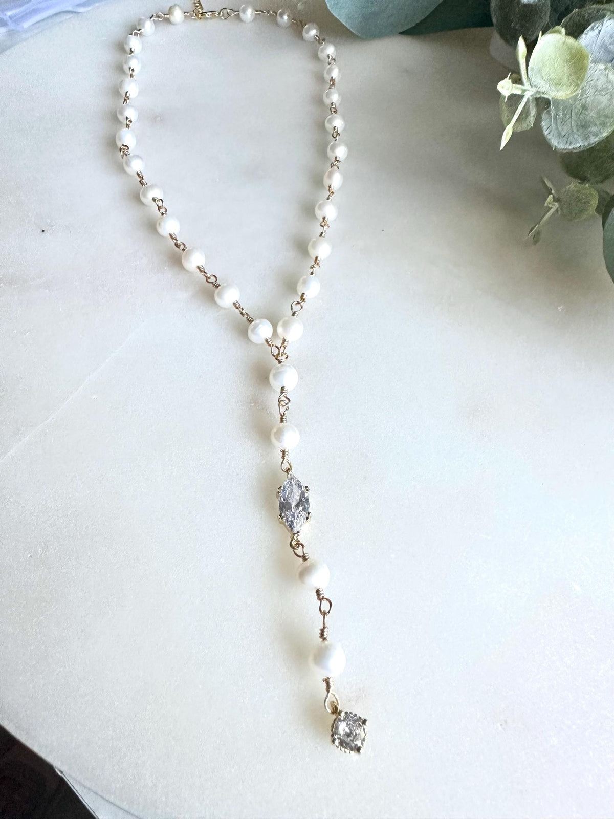 Freshwater Pearl Necklace with CZ Marquis & Drop Charm | Hand-Wrapped Gold Y Necklace | Bridal Jewelry | Elegant Gift for Her