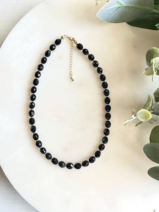 Black Obsidian Faceted Necklace | 6x8mm Rice Beads | Gold Filled Clasp | Handmade Gemstone Necklace | Elegant Minimalist Jewelry