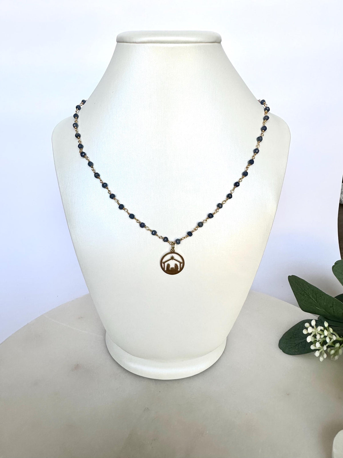 Blue Sapphire Nativity Necklace: Gold Plated Religious Jewelry