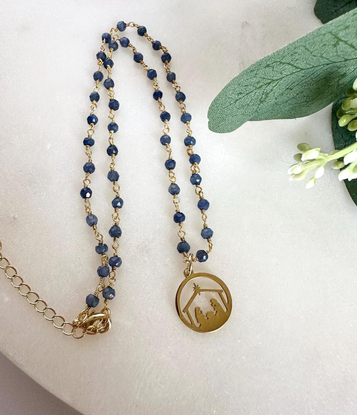 Blue Sapphire Nativity Necklace: Gold Plated Religious Jewelry