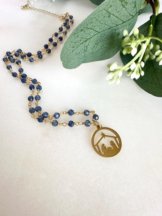 Blue Sapphire Nativity Necklace: Gold Plated Religious Jewelry