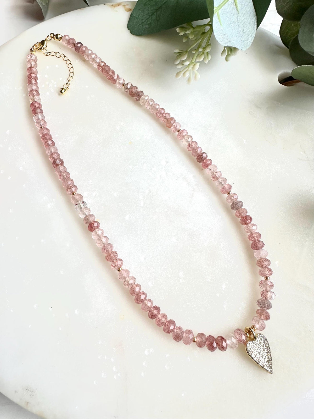 Strawberry Quartz Heart Necklace | Pink Gemstone Beaded Necklace | Romantic Pavé Heart Pendant | Valentine’s Day Gift for Her | Handmade Gol