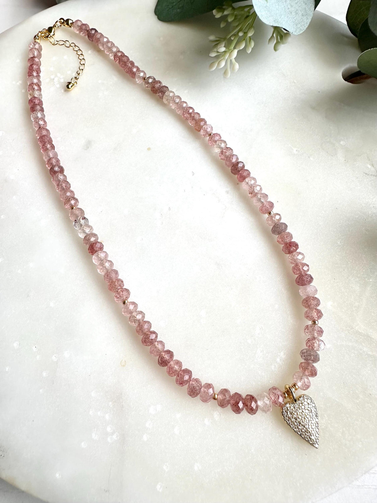 Strawberry Quartz Heart Necklace | Pink Gemstone Beaded Necklace | Romantic Pavé Heart Pendant | Valentine’s Day Gift for Her | Handmade Gol
