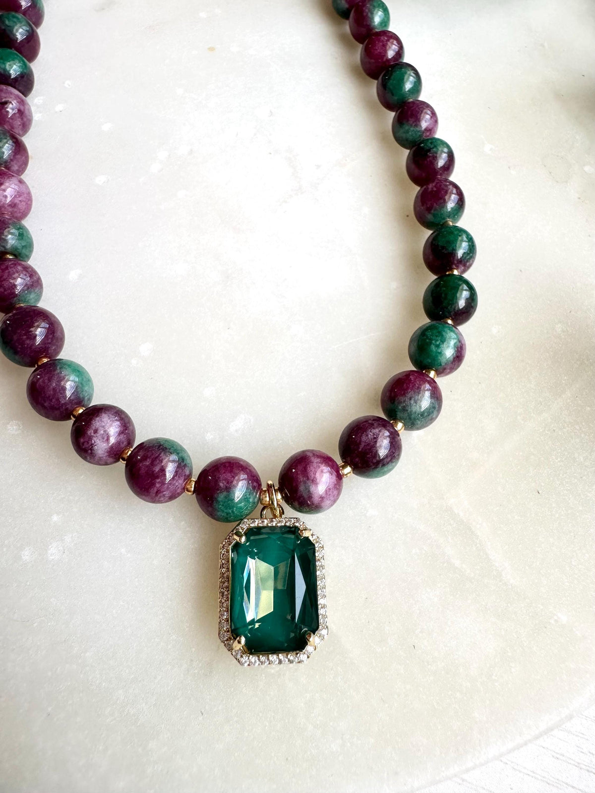 Ruby Zoisite Necklace with Green Gemstone Pendant | Ruby Zoisite Beaded Necklace | Statement Gemstone Jewelry | Handmade Necklace