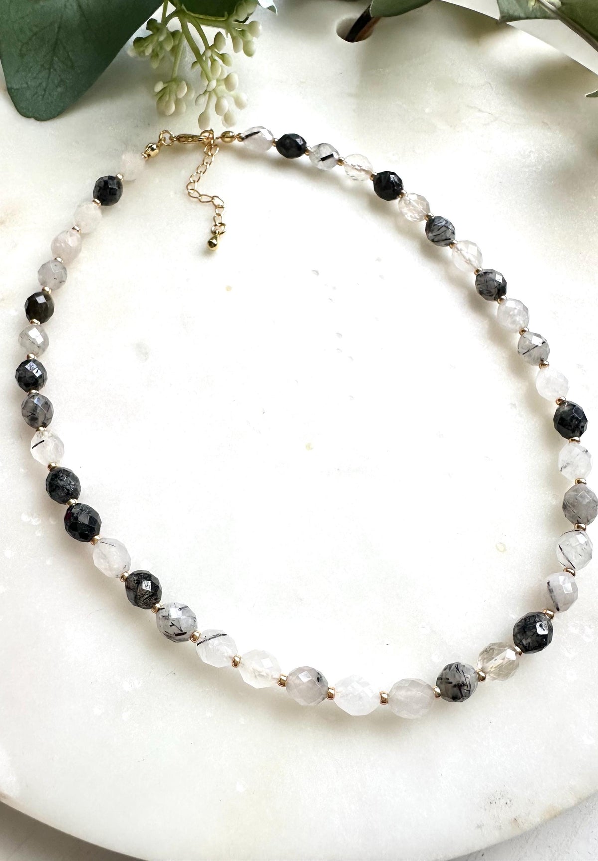 Black Rutilated Quartz Necklace | Faceted Gemstone Beaded Necklace | Minimalist Black and Clear Quartz Jewelry | Handmade Necklace l Gift