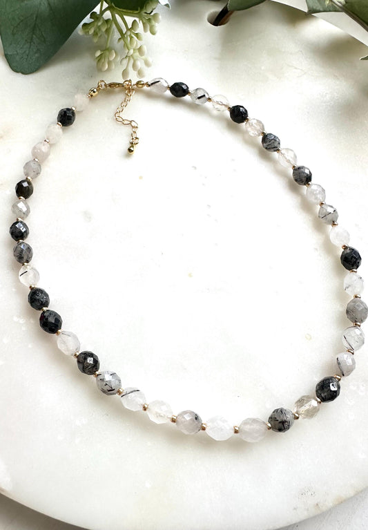 Black Rutilated Quartz Necklace | Faceted Gemstone Beaded Necklace | Minimalist Black and Clear Quartz Jewelry | Handmade Necklace l Gift