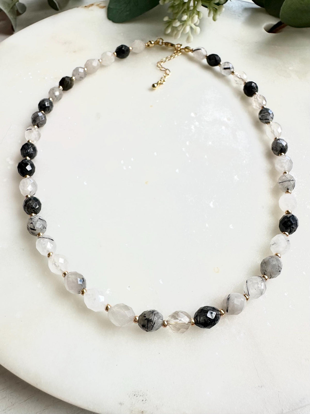 Black Rutilated Quartz Necklace | Faceted Gemstone Beaded Necklace | Minimalist Black and Clear Quartz Jewelry | Handmade Necklace l Gift