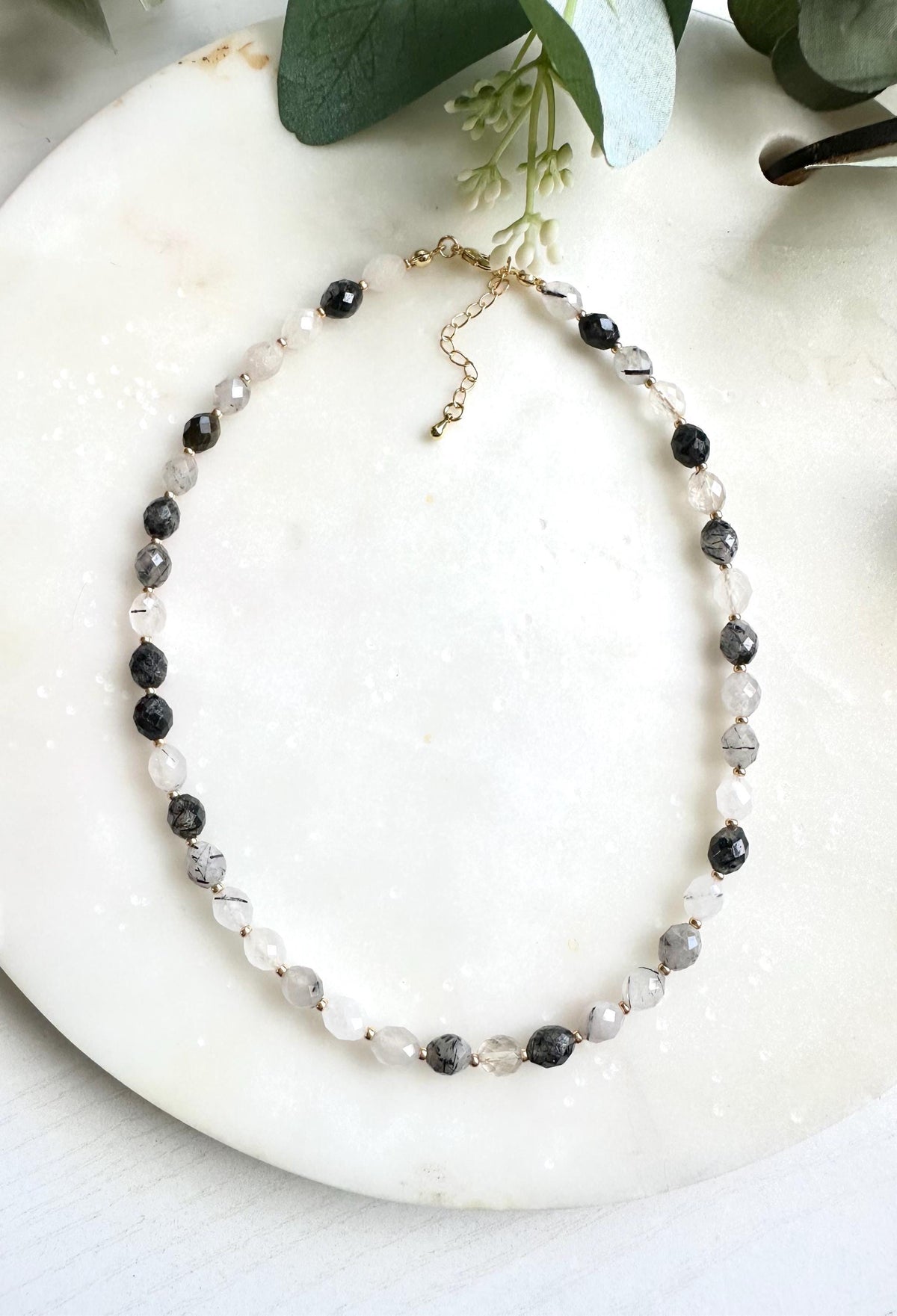 Black Rutilated Quartz Necklace | Faceted Gemstone Beaded Necklace | Minimalist Black and Clear Quartz Jewelry | Handmade Necklace l Gift
