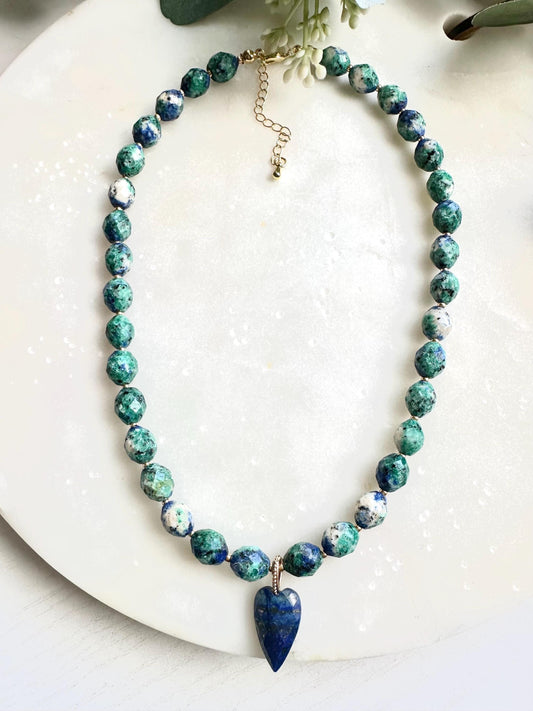 Azurite and Lapis Lazuli Heart Necklace | Blue Green Gemstone Beaded Necklace | Handmade Gold Jewelry | Ocean-Inspired Statement Necklace