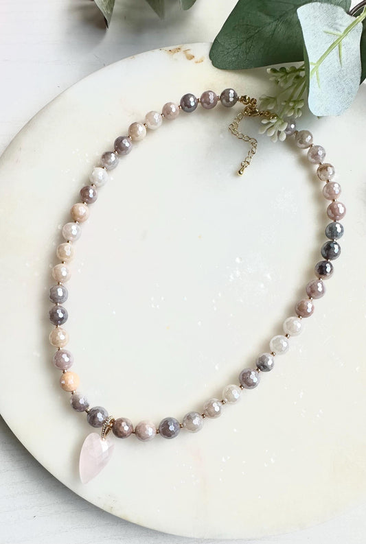Mystic Lavender Quartz Necklace with Rose Quartz Heart Pendant | Faceted Crystal Beaded Necklace | Romantic Handmade Jewelry | Gift for Her