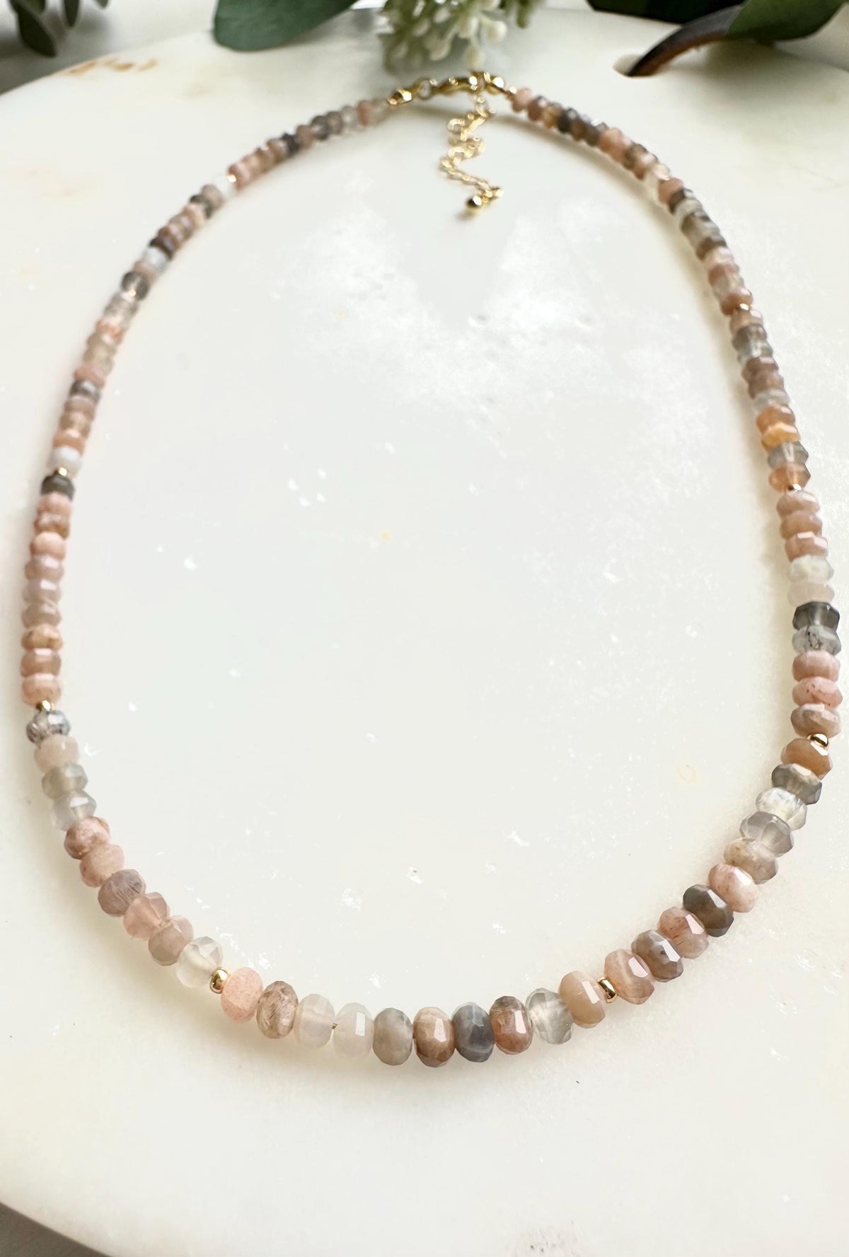 Peach Moonstone Necklace | 4mm Faceted Gemstone Beaded Necklace | Dainty Layering Necklace | Handmade Gold Jewelry | Soft Neutral Gift