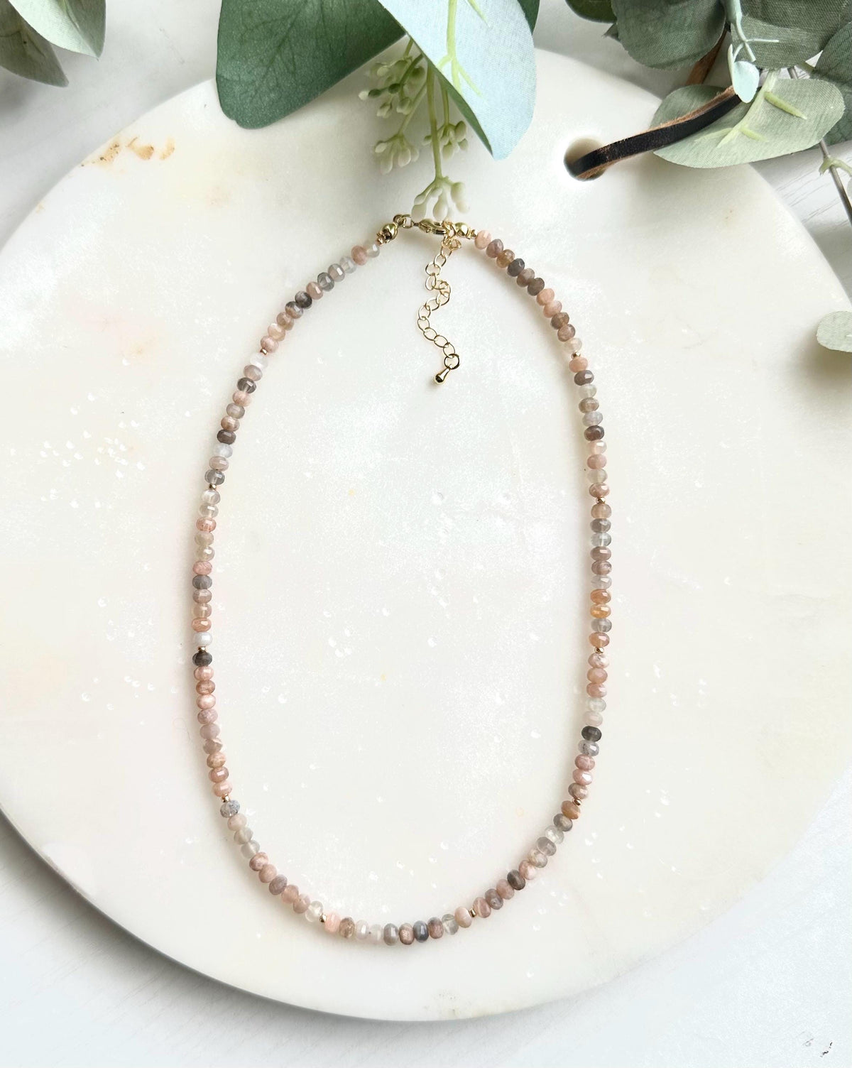Peach Moonstone Necklace | 4mm Faceted Gemstone Beaded Necklace | Dainty Layering Necklace | Handmade Gold Jewelry | Soft Neutral Gift