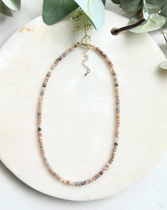 Peach Moonstone Necklace | 4mm Faceted Gemstone Beaded Necklace | Dainty Layering Necklace | Handmade Gold Jewelry | Soft Neutral Gift