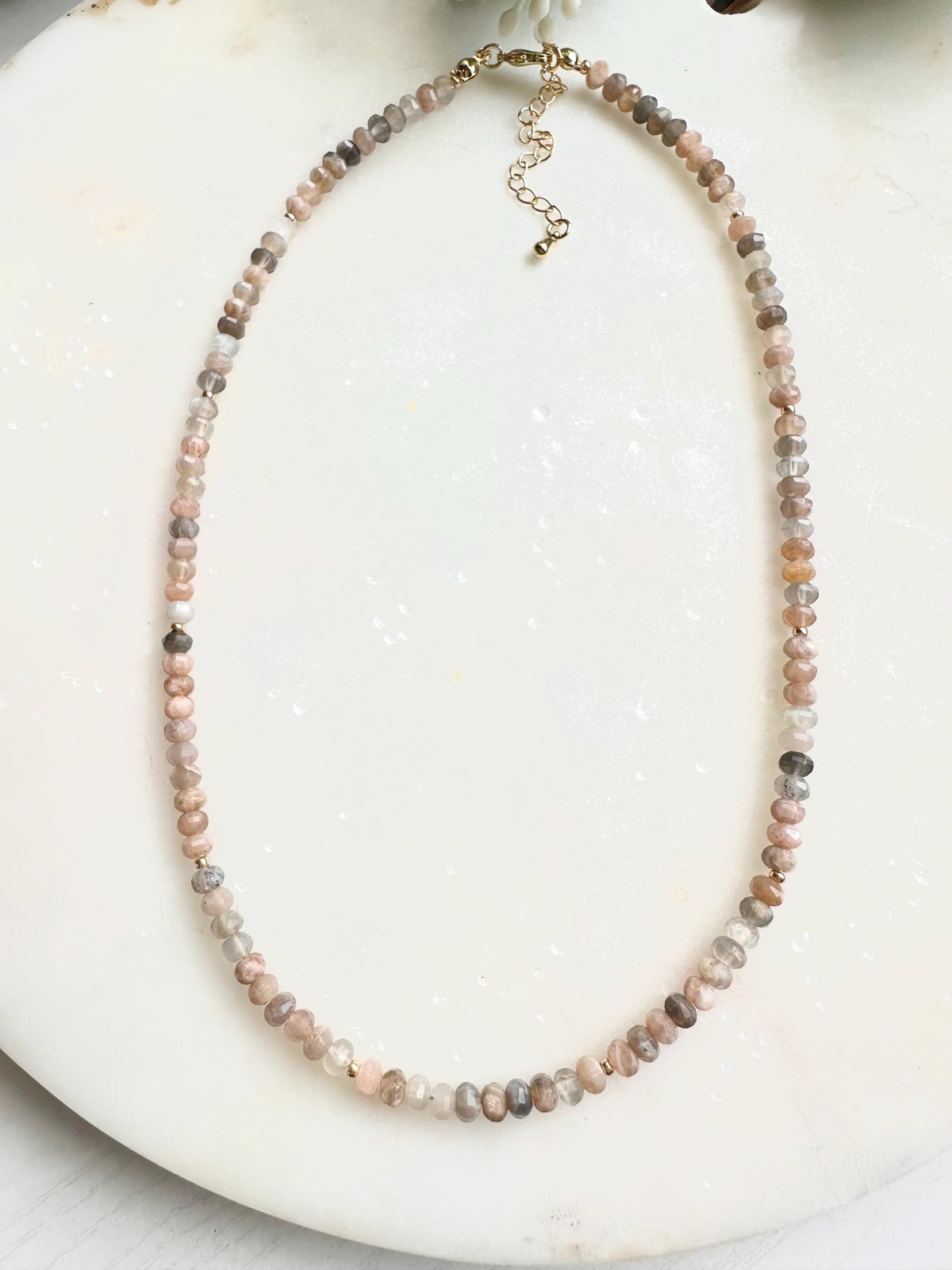 Peach Moonstone Necklace | 4mm Faceted Gemstone Beaded Necklace | Dainty Layering Necklace | Handmade Gold Jewelry | Soft Neutral Gift