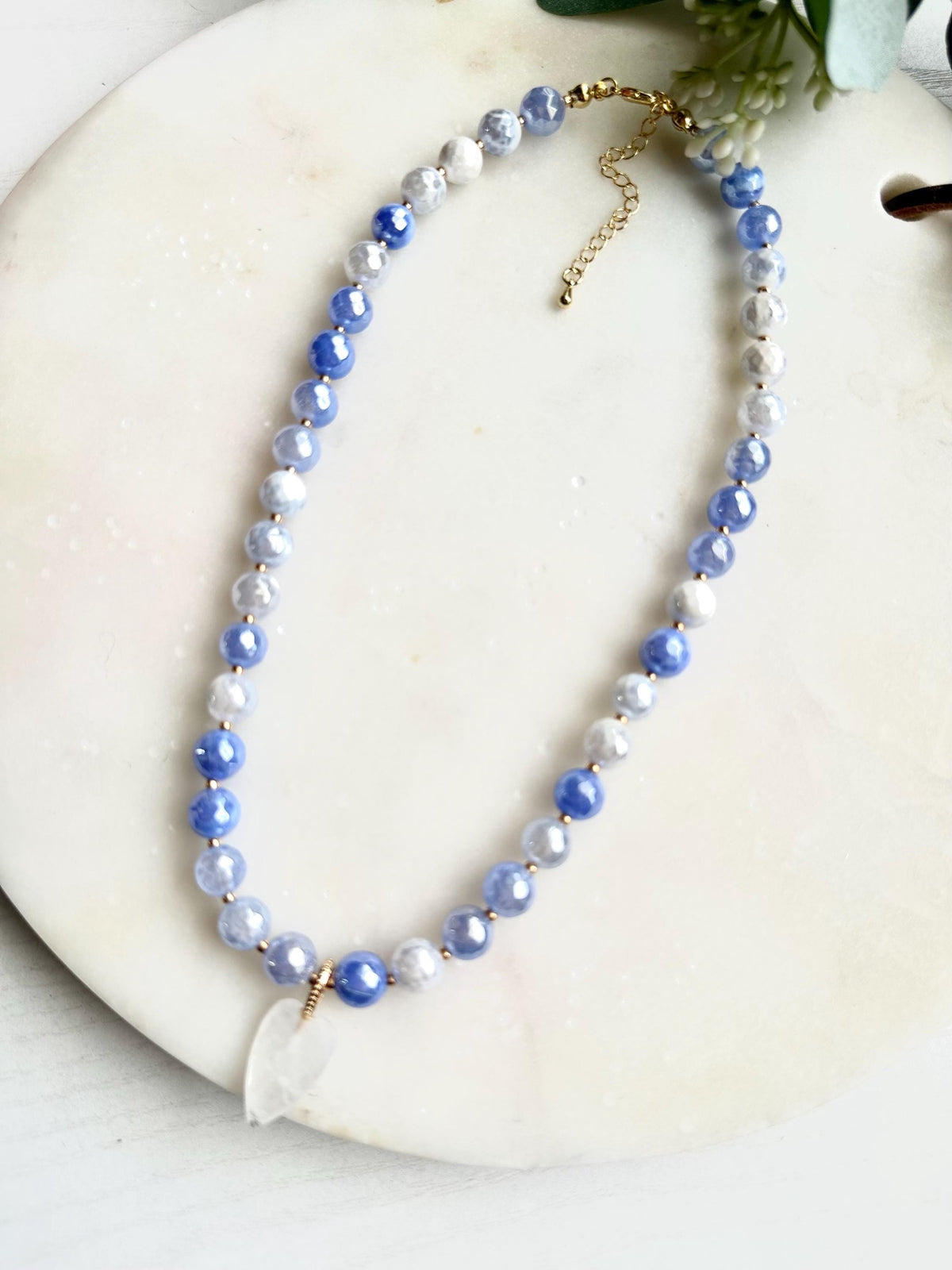 Mystic Blue Fire Agate Necklace with White Quartz Heart Pendant | Faceted Gemstone Beaded Necklace | Handmade Gift for Her