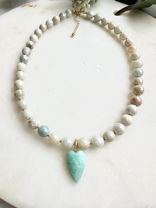 Mystic Amazonite Necklace with Amazonite Heart Pendant | Faceted Gemstone Beaded Necklace | Handmade Calming Jewelry | Gift for Her