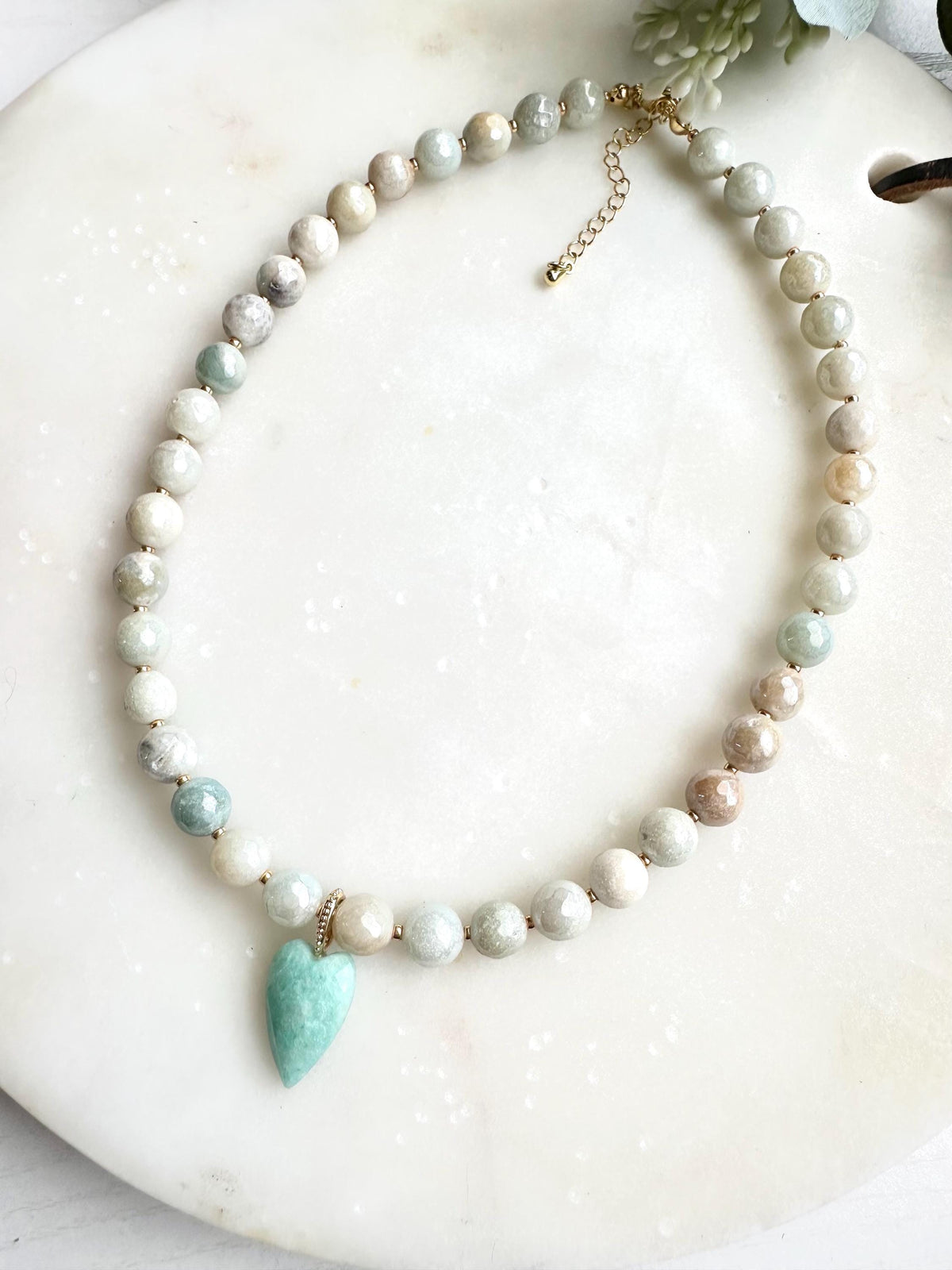 Mystic Amazonite Necklace with Amazonite Heart Pendant | Faceted Gemstone Beaded Necklace | Handmade Calming Jewelry | Gift for Her