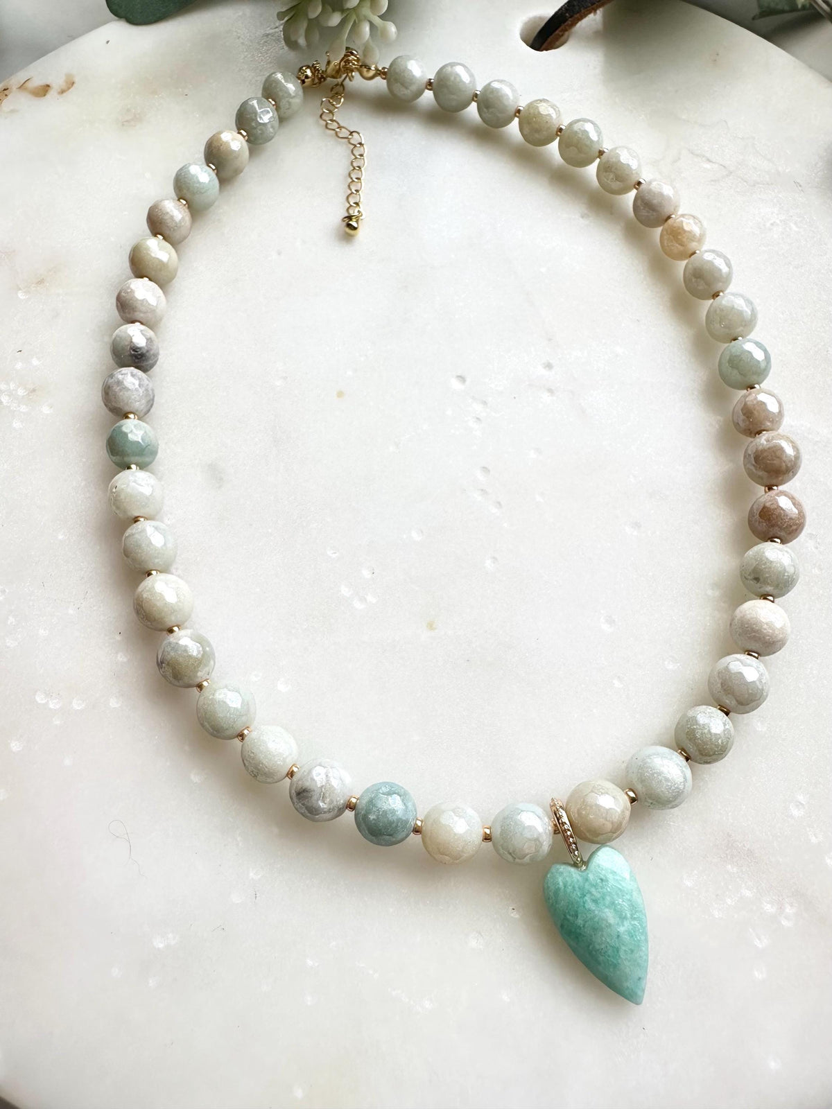 Mystic Amazonite Necklace with Amazonite Heart Pendant | Faceted Gemstone Beaded Necklace | Handmade Calming Jewelry | Gift for Her