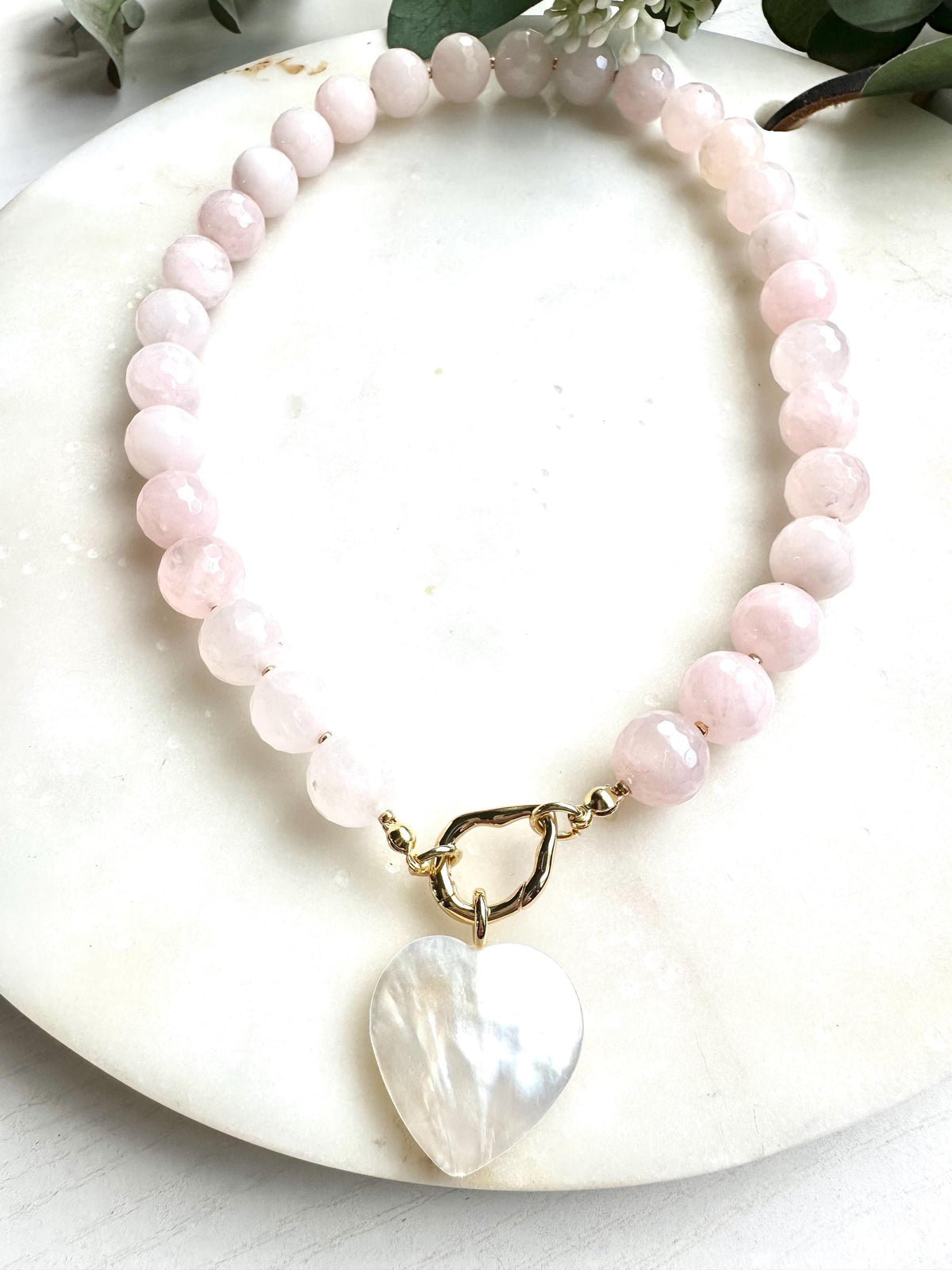 Rose Quartz Necklace with Freshwater Shell Heart Pendant | 12mm Faceted Gemstone Beaded Necklace | Romantic Handmade Jewelry | Gift for Her