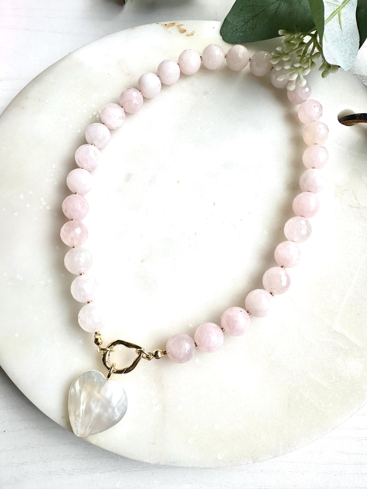 Rose Quartz Necklace with Freshwater Shell Heart Pendant | 12mm Faceted Gemstone Beaded Necklace | Romantic Handmade Jewelry | Gift for Her