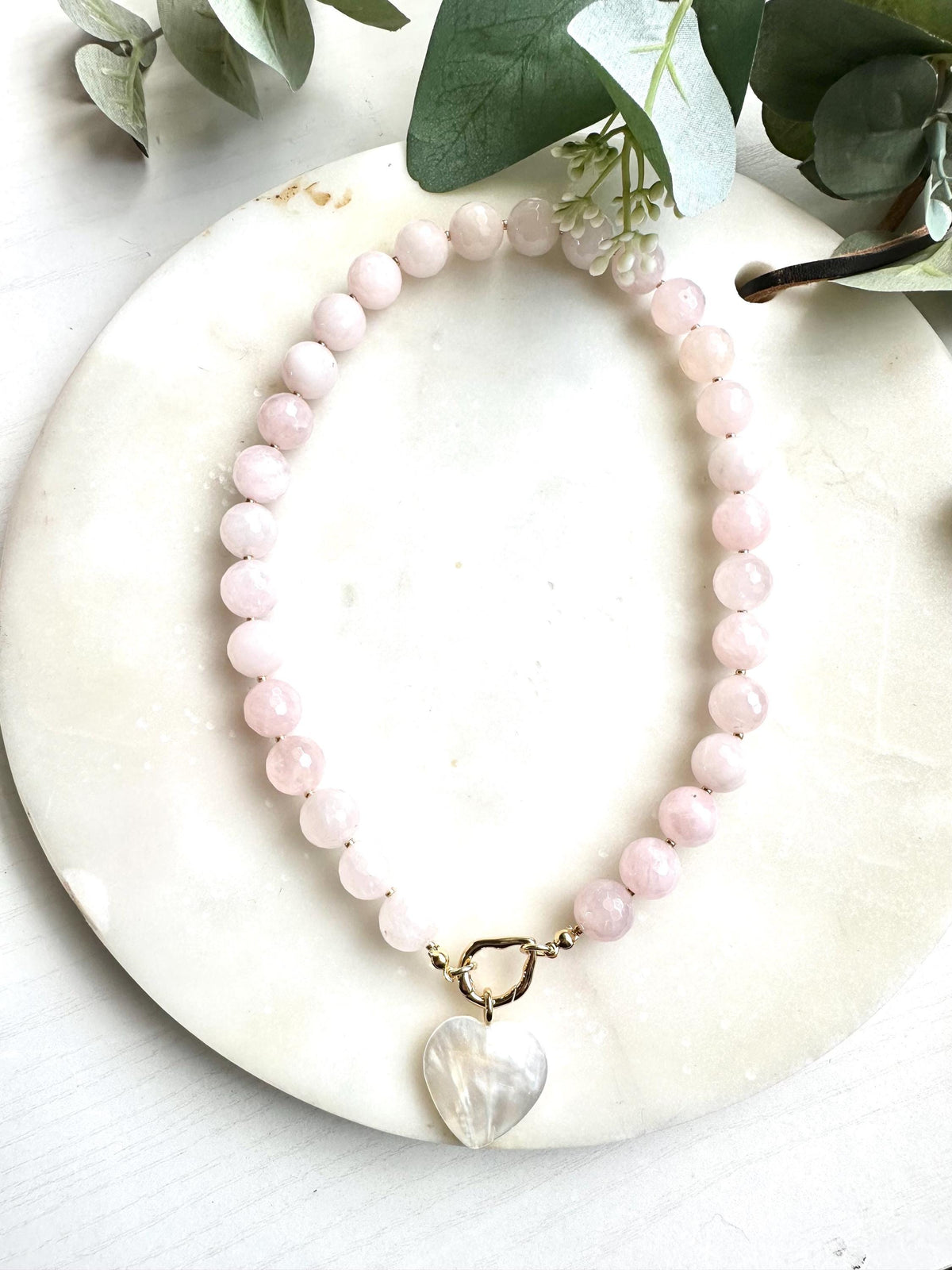 Rose Quartz Necklace with Freshwater Shell Heart Pendant | 12mm Faceted Gemstone Beaded Necklace | Romantic Handmade Jewelry | Gift for Her