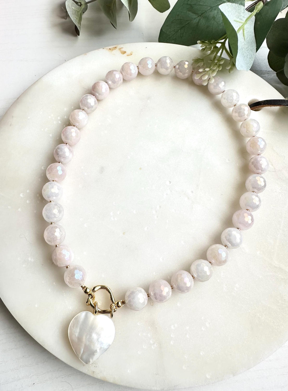 Mystic Rose Quartz Necklace with Freshwater Shell Heart Pendant | 12mm Faceted Gemstone Beaded Necklace | Romantic Handmade Jewelry |
