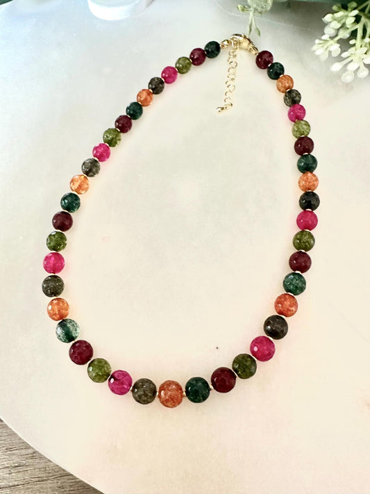 Watermelon Tourmaline Quartz Necklace 8mm • Colorful Gemstone Beaded Necklace • Jewelry • Gold Filled Clasp • Layering Necklace Gift for Her