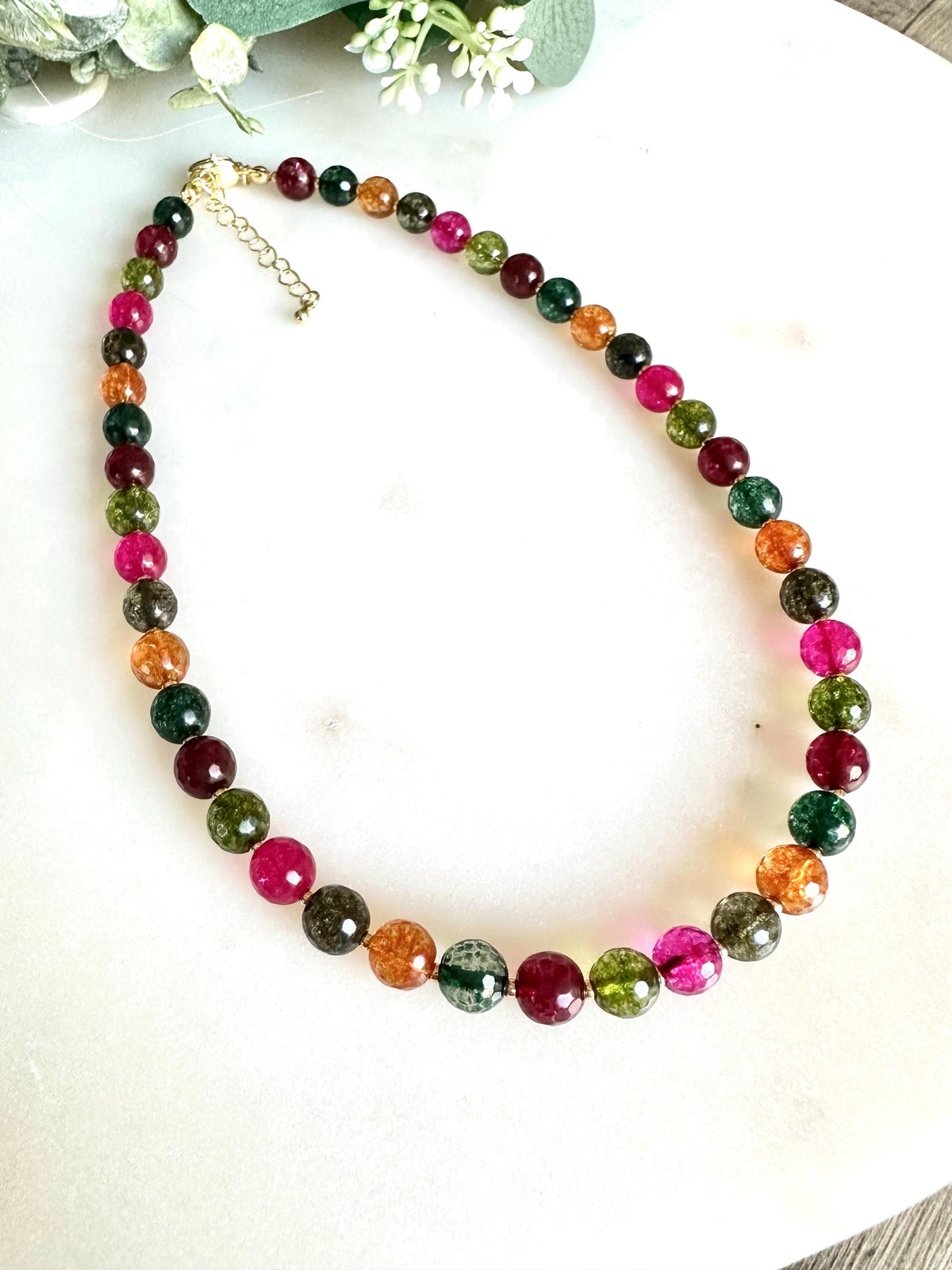 Watermelon Tourmaline Quartz Necklace 8mm • Colorful Gemstone Beaded Necklace • Jewelry • Gold Filled Clasp • Layering Necklace Gift for Her