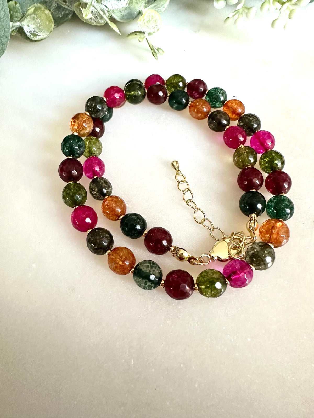 Watermelon Tourmaline Quartz Necklace 8mm • Colorful Gemstone Beaded Necklace • Jewelry • Gold Filled Clasp • Layering Necklace Gift for Her