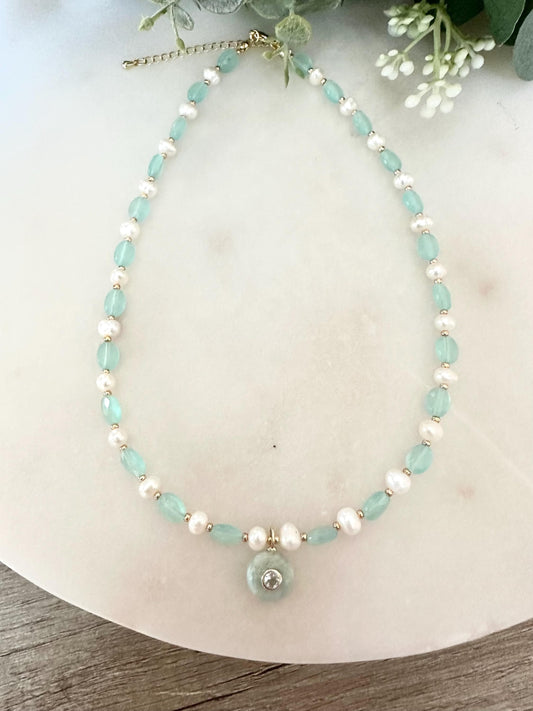 Aqua Green Chalcedony & Freshwater Pearl Necklace • Aquamarine Pendant • Gemstone Beaded Necklace • Gold Filled • Gift for Her
