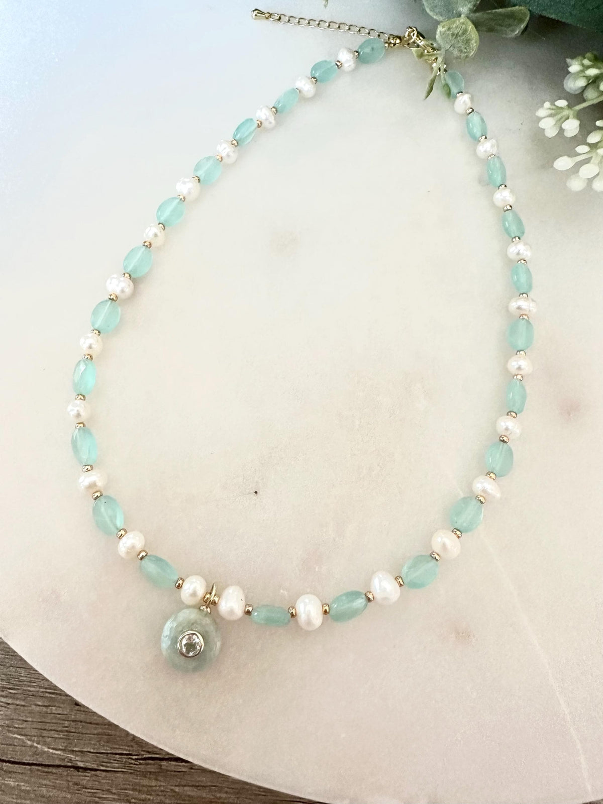 Aqua Green Chalcedony & Freshwater Pearl Necklace • Aquamarine Pendant • Gemstone Beaded Necklace • Gold Filled • Gift for Her