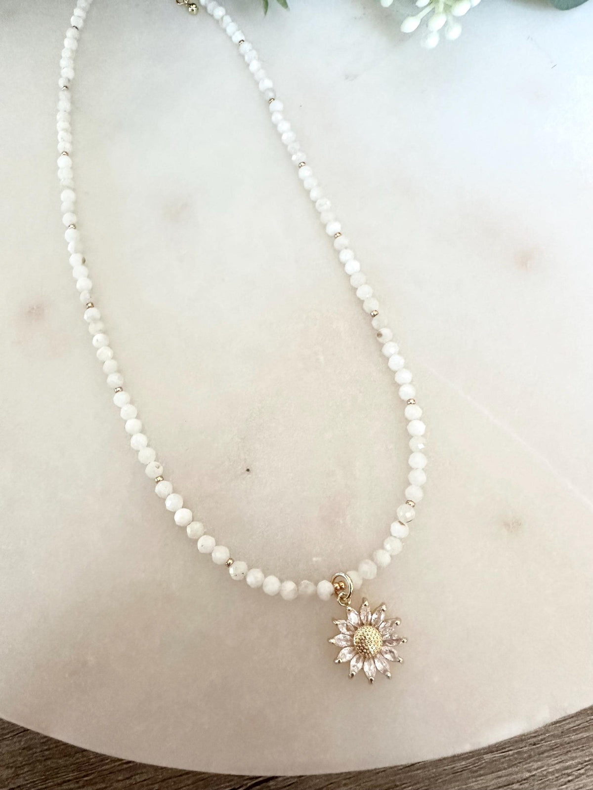 White Moonstone Necklace 4mm • Sunflower CZ Charm • Dainty Gemstone Beaded Necklace • Gold Filled • Layering Jewelry Gift for Her