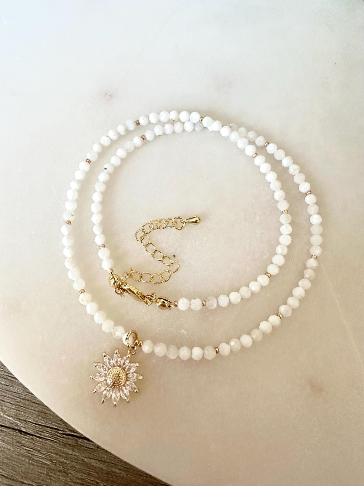 White Moonstone Necklace 4mm • Sunflower CZ Charm • Dainty Gemstone Beaded Necklace • Gold Filled • Layering Jewelry Gift for Her