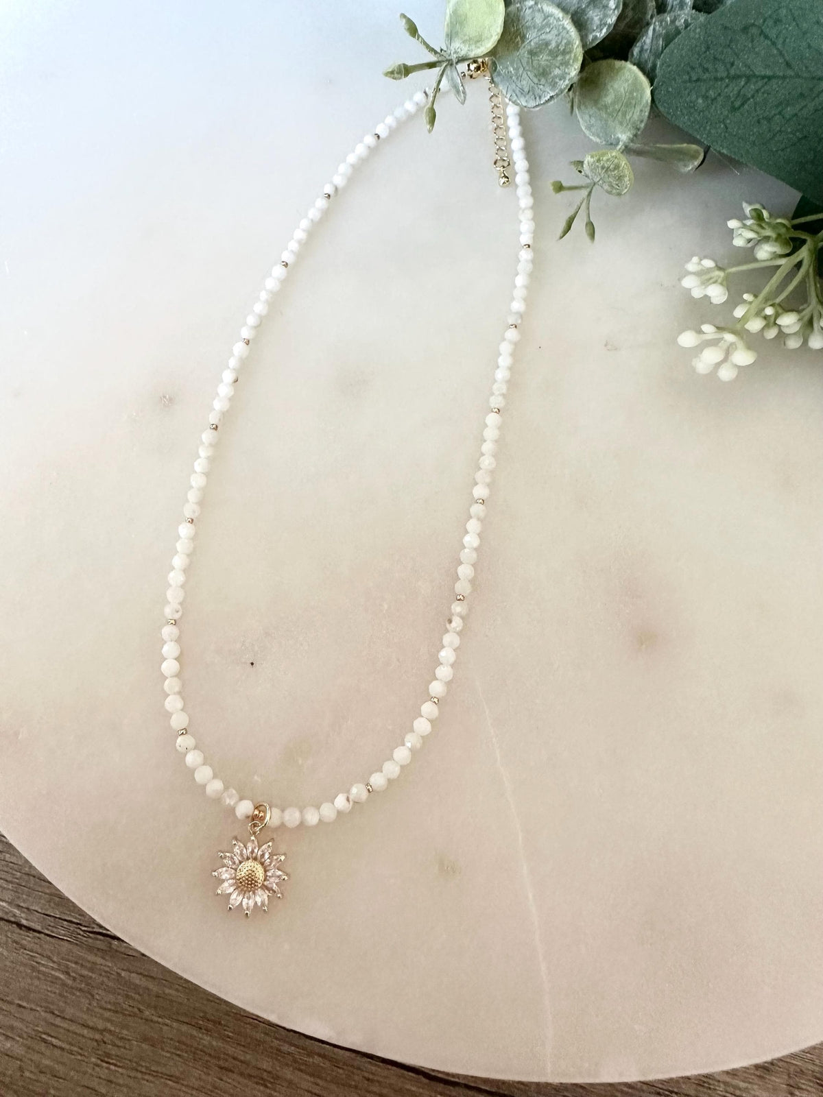 White Moonstone Necklace 4mm • Sunflower CZ Charm • Dainty Gemstone Beaded Necklace • Gold Filled • Layering Jewelry Gift for Her