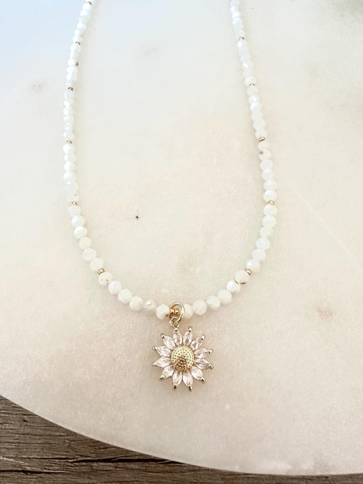 White Moonstone Necklace 4mm • Sunflower CZ Charm • Dainty Gemstone Beaded Necklace • Gold Filled • Layering Jewelry Gift for Her