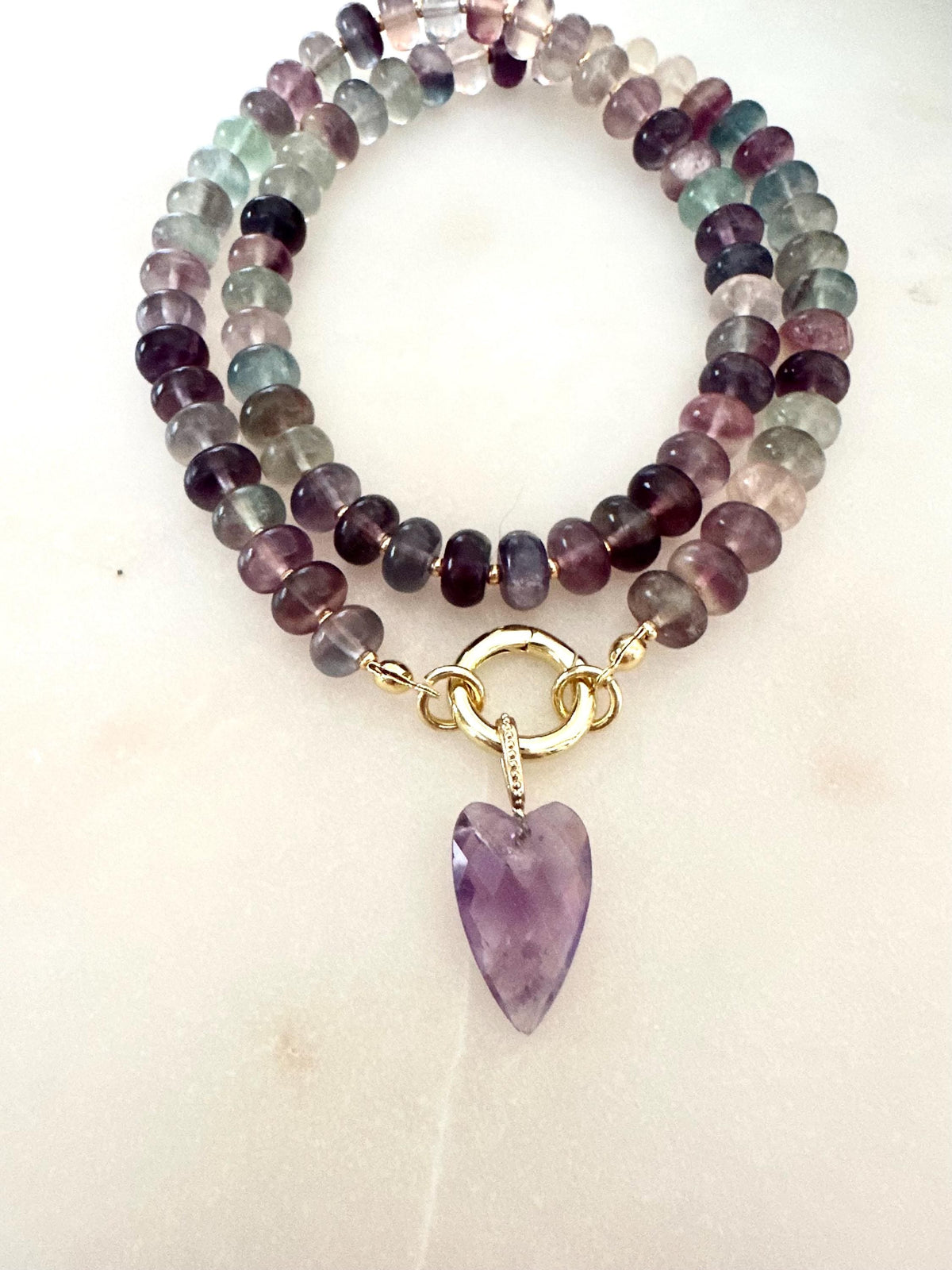 Fluorite Beaded Necklace • Amethyst Heart Pendant • 8x5mm Gemstone Necklace • Purple Green Crystal Necklace • Handmade Gift for Her