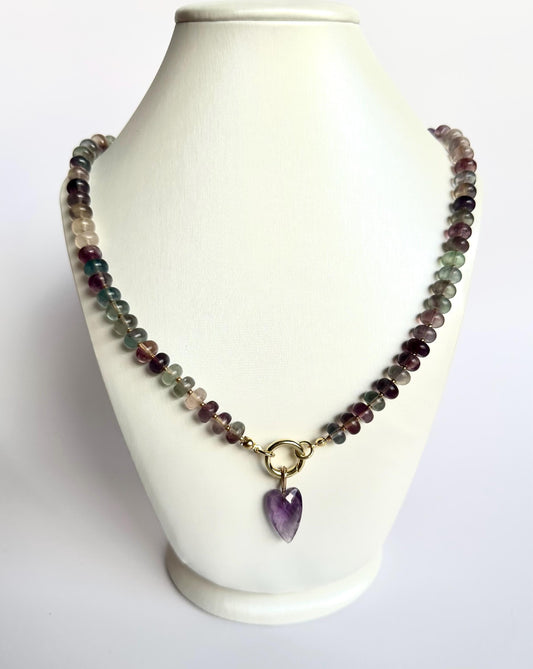 Fluorite Beaded Necklace • Amethyst Heart Pendant • 8x5mm Gemstone Necklace • Purple Green Crystal Necklace • Handmade Gift for Her